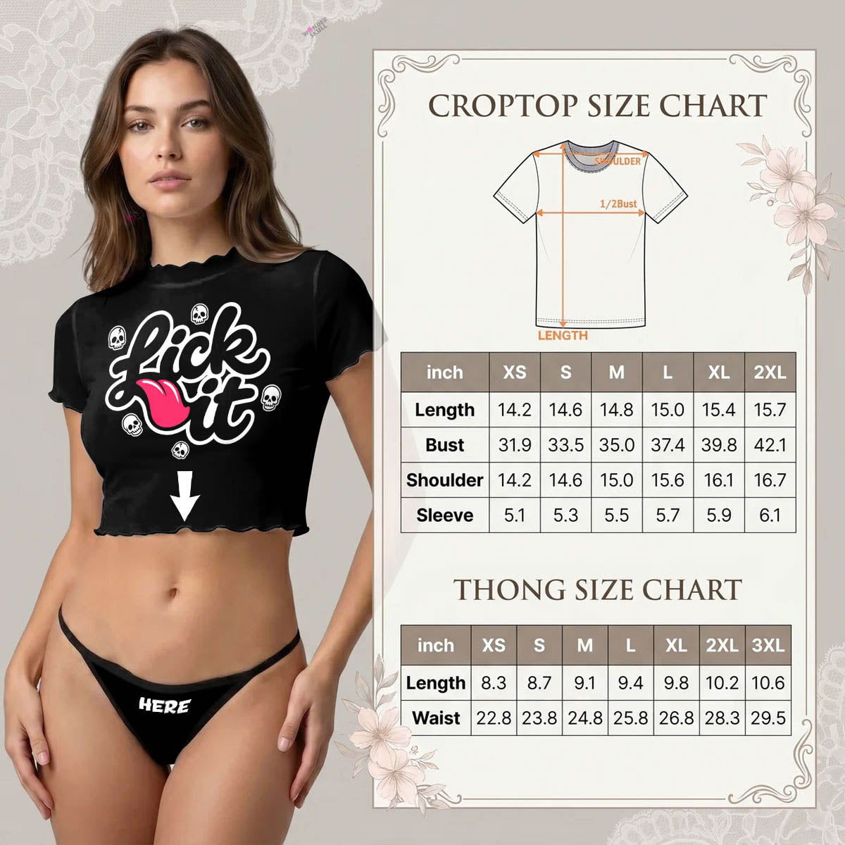 Wonder Skull  sheer mesh crop top and thong set delivers the perfect balance of comfortable and confident. Ultra-lightweight mesh fabric breathes freely against your skin while stretching gently to hug your natural curves without any restrictive squeezing. Playful lettuce edge trim at the neckline, sleeves, and hem adds cute feminine detail with soft ruffled texture. The flattering cropped length hits perfectly above your waist, creating an elongated silhouette that makes you feel amazing. Whether you're we