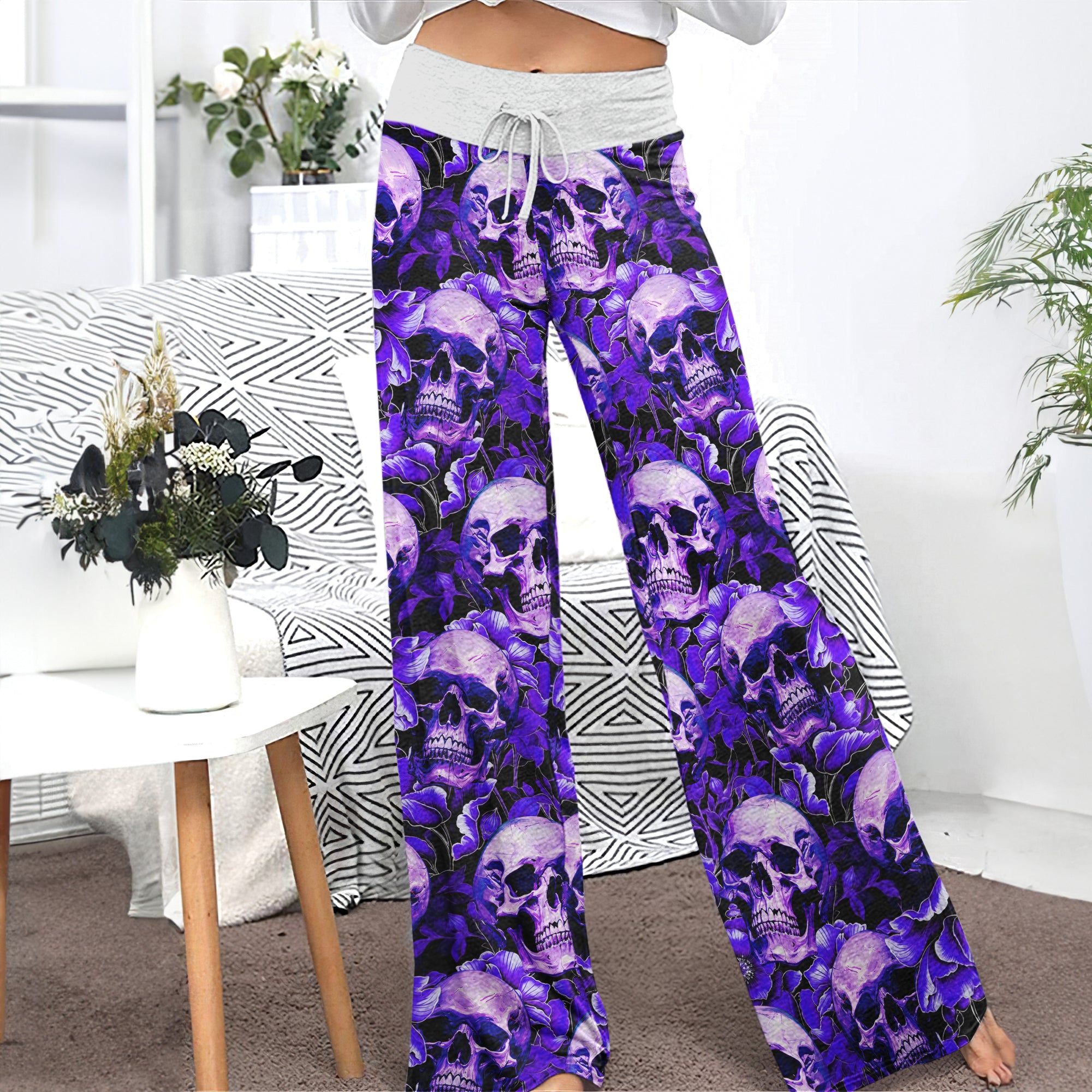 Violet Skull Flower Pattern Women's High-waisted Wide Leg Pants | Wonder Skull