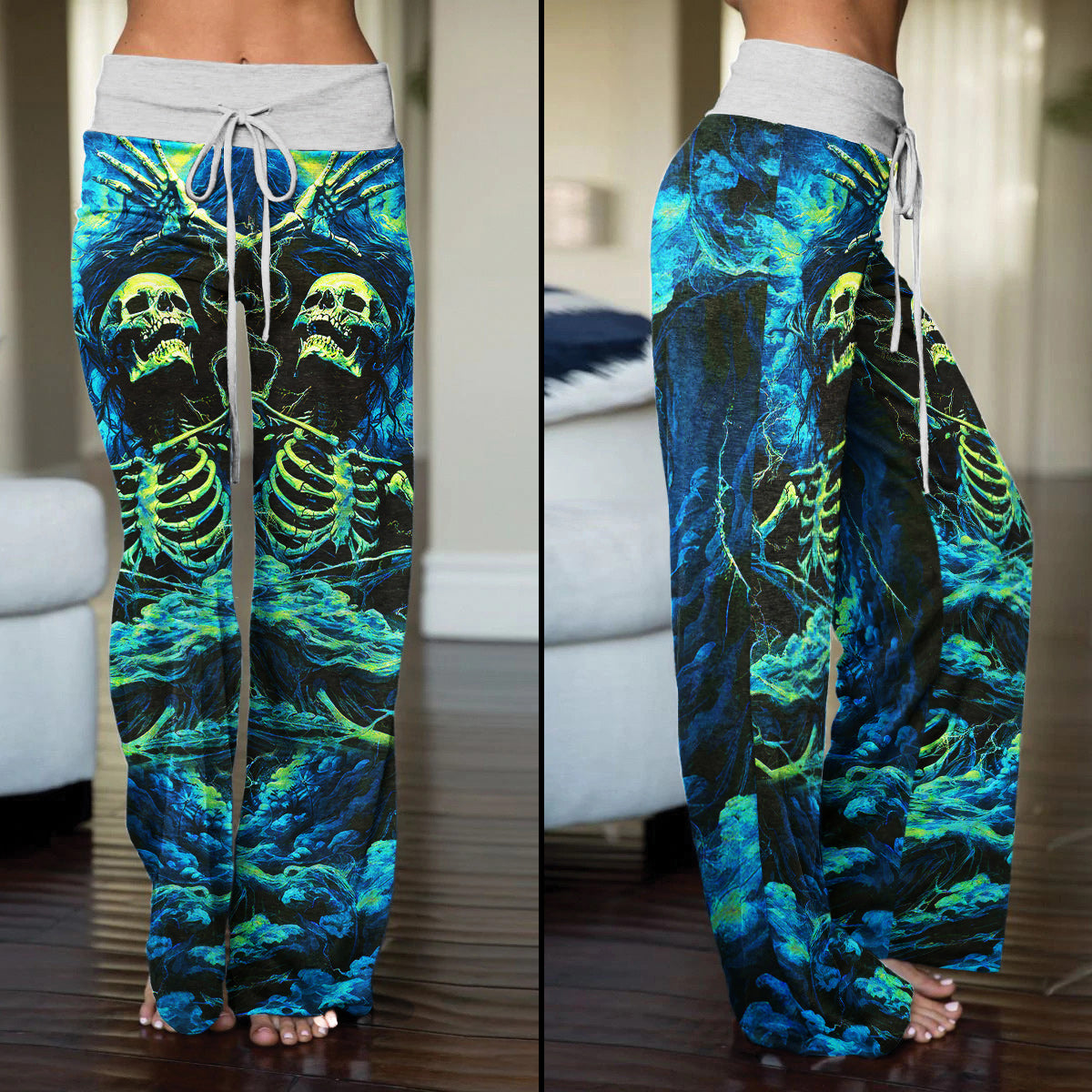 Skull Art Smoke Cyan Women's High-waisted Wide Leg Pants | Wonder Skull