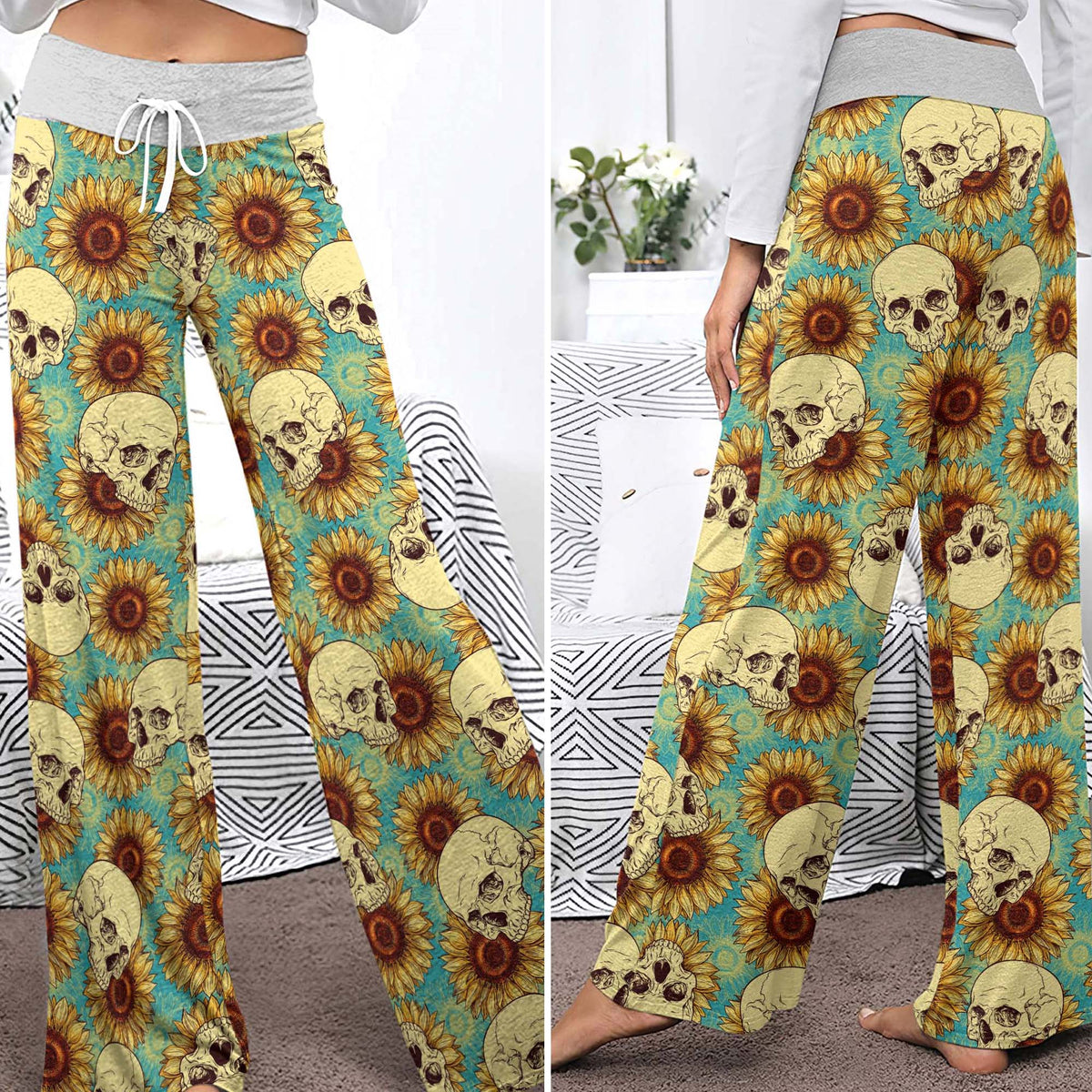 Floral Skulls Aesthetic Women's High-waisted Wide Leg Pants