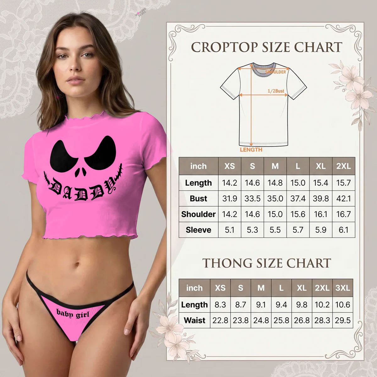 Wonder Skull  sheer mesh crop top and thong set delivers the perfect balance of comfortable and confident. Ultra-lightweight mesh fabric breathes freely against your skin while stretching gently to hug your natural curves without any restrictive squeezing. Playful lettuce edge trim at the neckline, sleeves, and hem adds cute feminine detail with soft ruffled texture. The flattering cropped length hits perfectly above your waist, creating an elongated silhouette that makes you feel amazing. Whether you're we