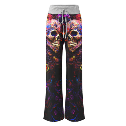 Skull Abstract Floral Art Women's High-waisted Wide Leg Pants | Wonder Skull