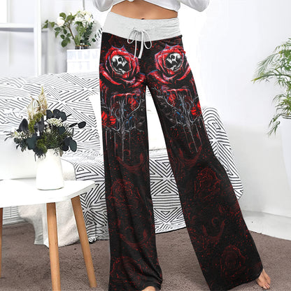 Rose Skull Silver Gothic Women's High-waisted Wide Leg Pants | Wonder Skull