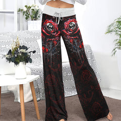 Rose Skull Silver Gothic Women's High-waisted Wide Leg Pants | Wonder Skull