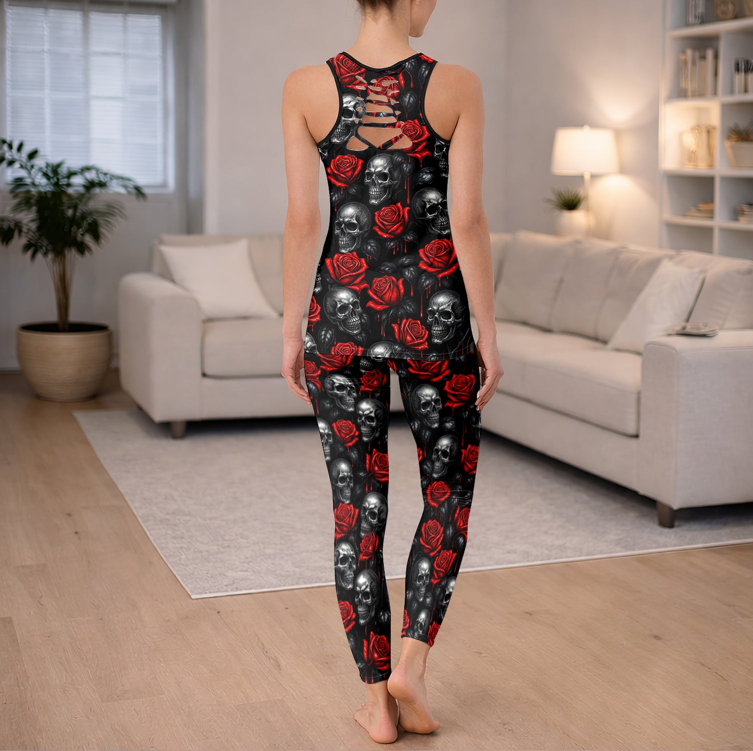 Gothic Bloom Crimson Skull Tanktop and Leggings