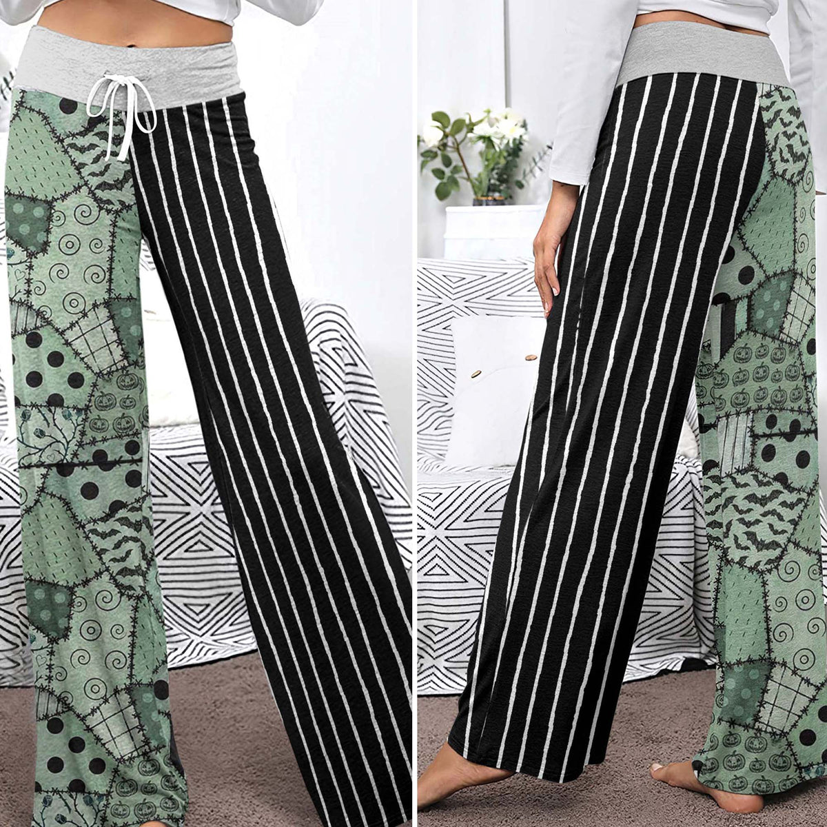 Mint Macabre Patchwork Women's High-waisted Wide Leg Pants