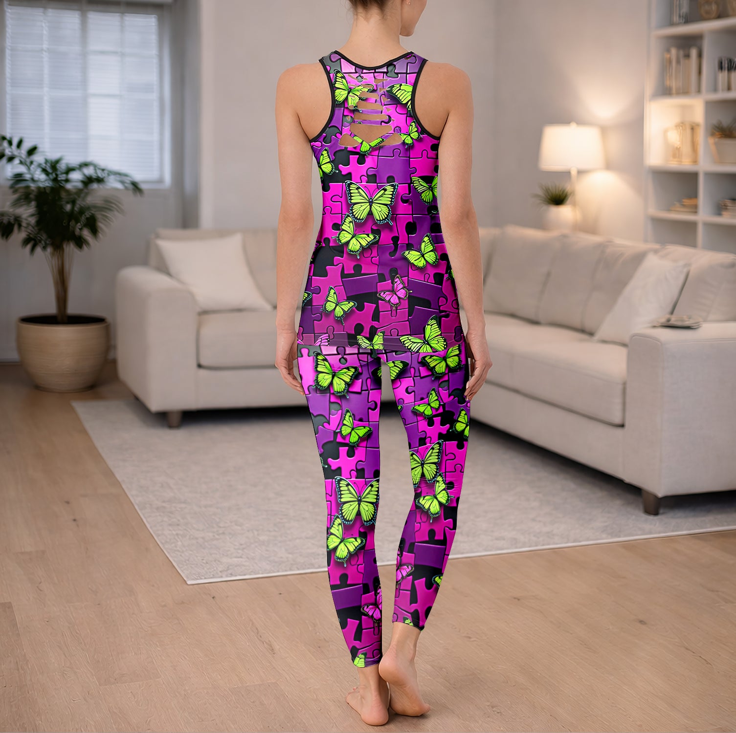 Acid Butterfly Skull Pattern Tanktop and Leggings