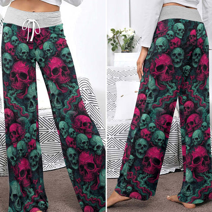 Toxic Pink Skulls Pattern Women's High-waisted Wide Leg Pants
