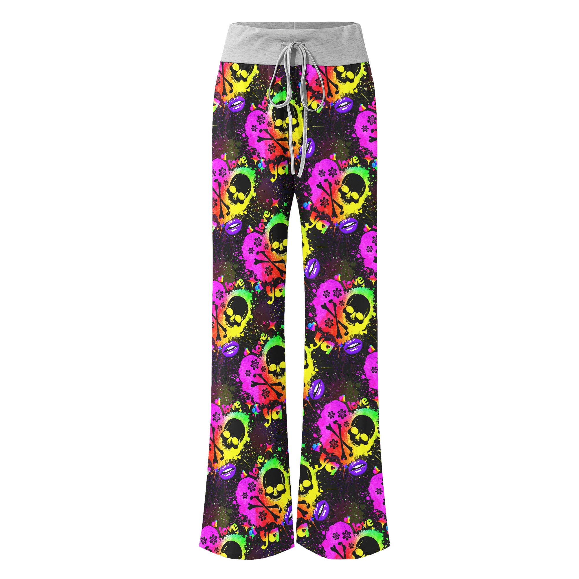 Rainbow Skull Heart Pattern Women's High-waisted Wide Leg Pants | Wonder Skull