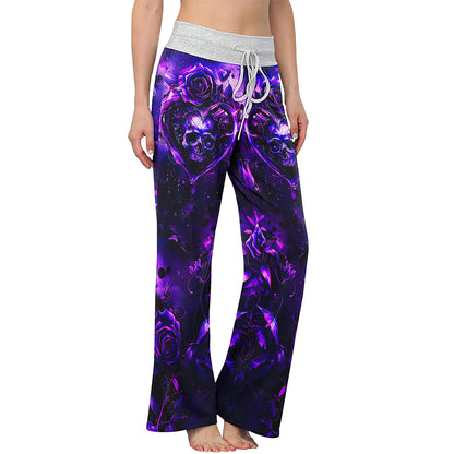 Purple Rose Skull Abstract Women's High-waisted Wide Leg Pants | Wonder Skull