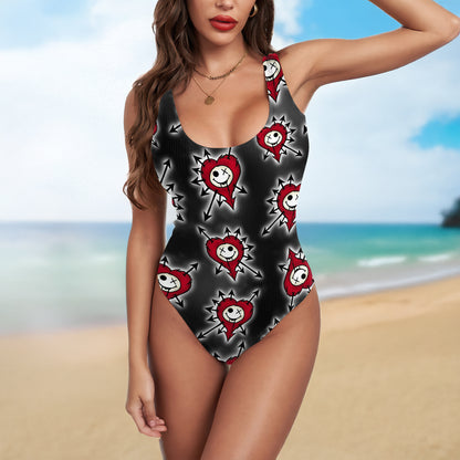 One Piece Bikini Punk Heart Skull Pulse Print Swimwear
