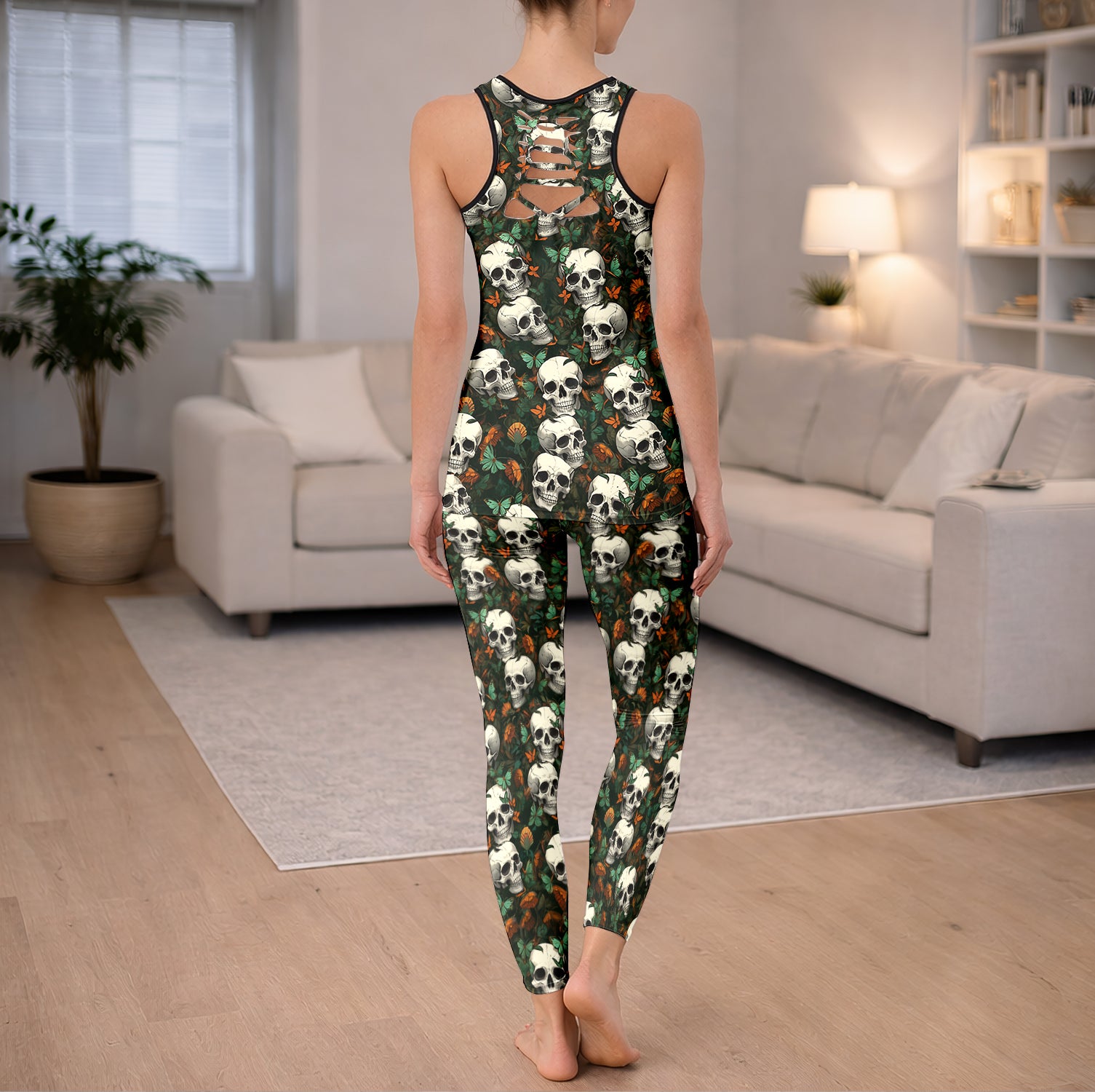 Eternal Bloom Skulls Pattern Tanktop and Leggings