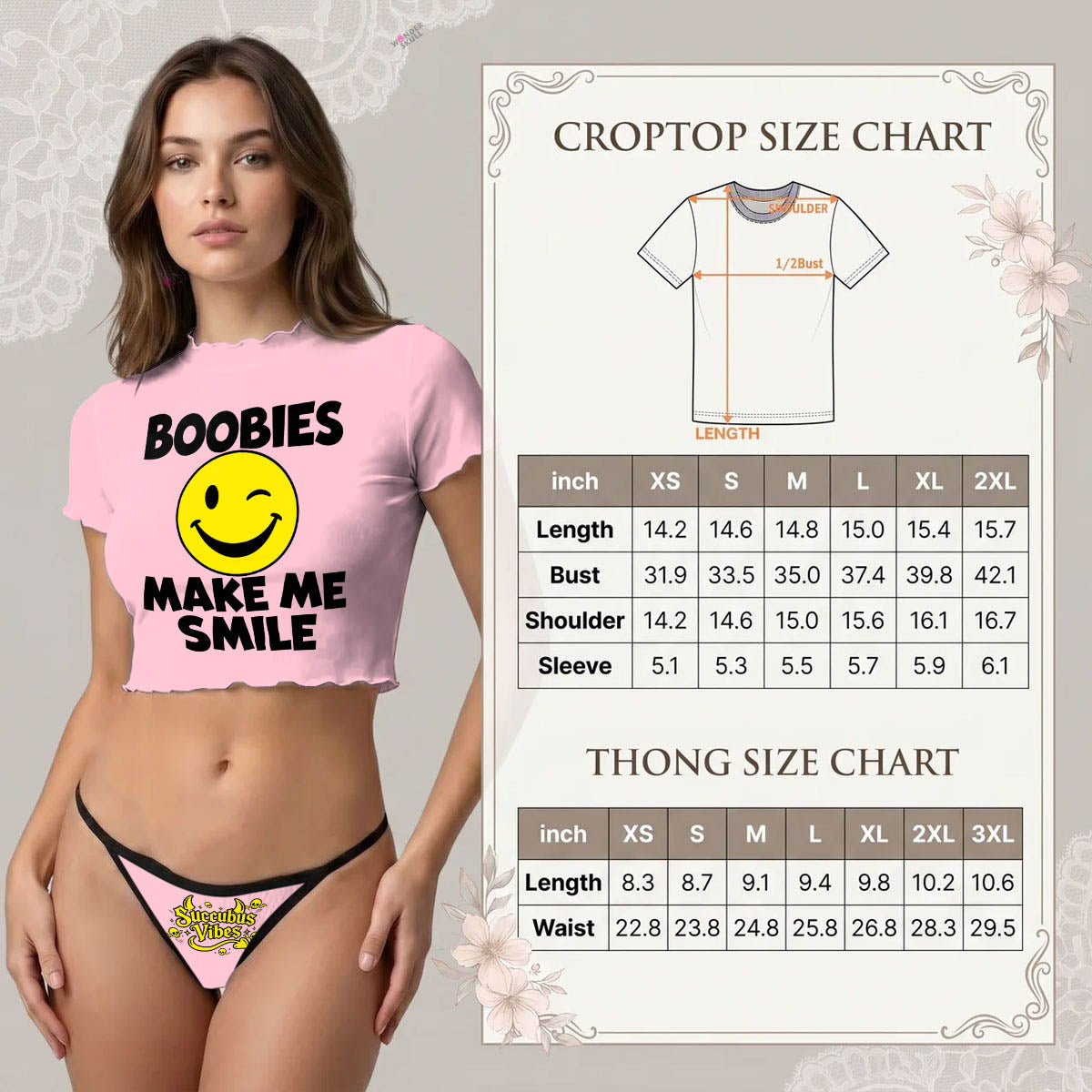 Wonder Skull  sheer mesh crop top and thong set delivers the perfect balance of comfortable and confident. Ultra-lightweight mesh fabric breathes freely against your skin while stretching gently to hug your natural curves without any restrictive squeezing. Playful lettuce edge trim at the neckline, sleeves, and hem adds cute feminine detail with soft ruffled texture. The flattering cropped length hits perfectly above your waist, creating an elongated silhouette that makes you feel amazing. Whether you're we