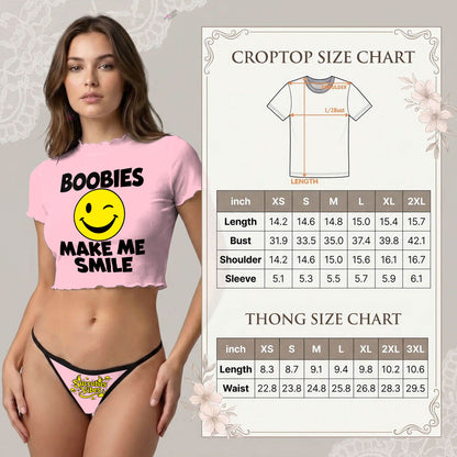 Wonder Skull  sheer mesh crop top and thong set delivers the perfect balance of comfortable and confident. Ultra-lightweight mesh fabric breathes freely against your skin while stretching gently to hug your natural curves without any restrictive squeezing. Playful lettuce edge trim at the neckline, sleeves, and hem adds cute feminine detail with soft ruffled texture. The flattering cropped length hits perfectly above your waist, creating an elongated silhouette that makes you feel amazing. Whether you're we