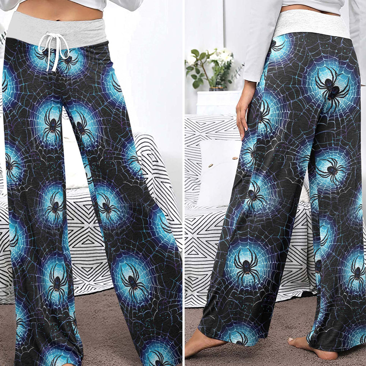 Neon Cyan Arachnid Web Women's High-waisted Wide Leg Pants