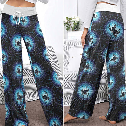 Neon Cyan Arachnid Web Women's High-waisted Wide Leg Pants