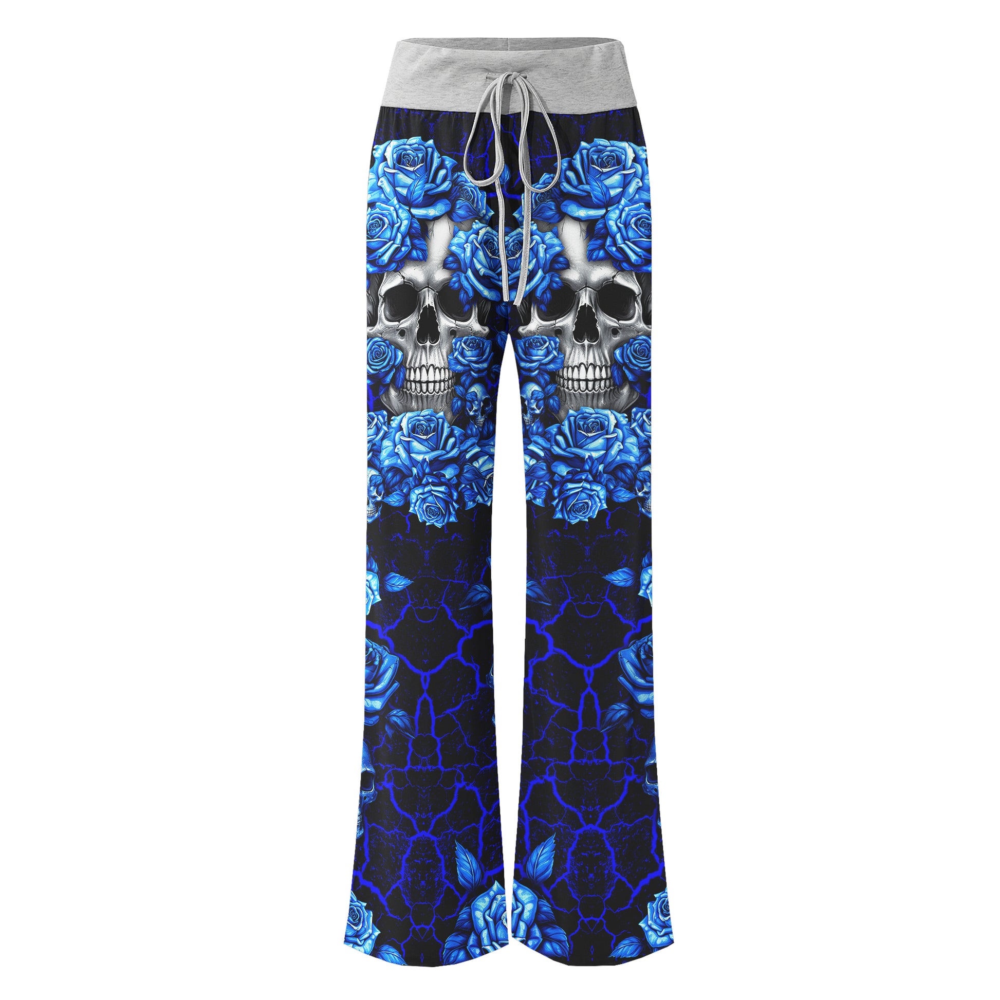 Blue Skull Rose Art Women's High-waisted Wide Leg Pants | Wonder Skull