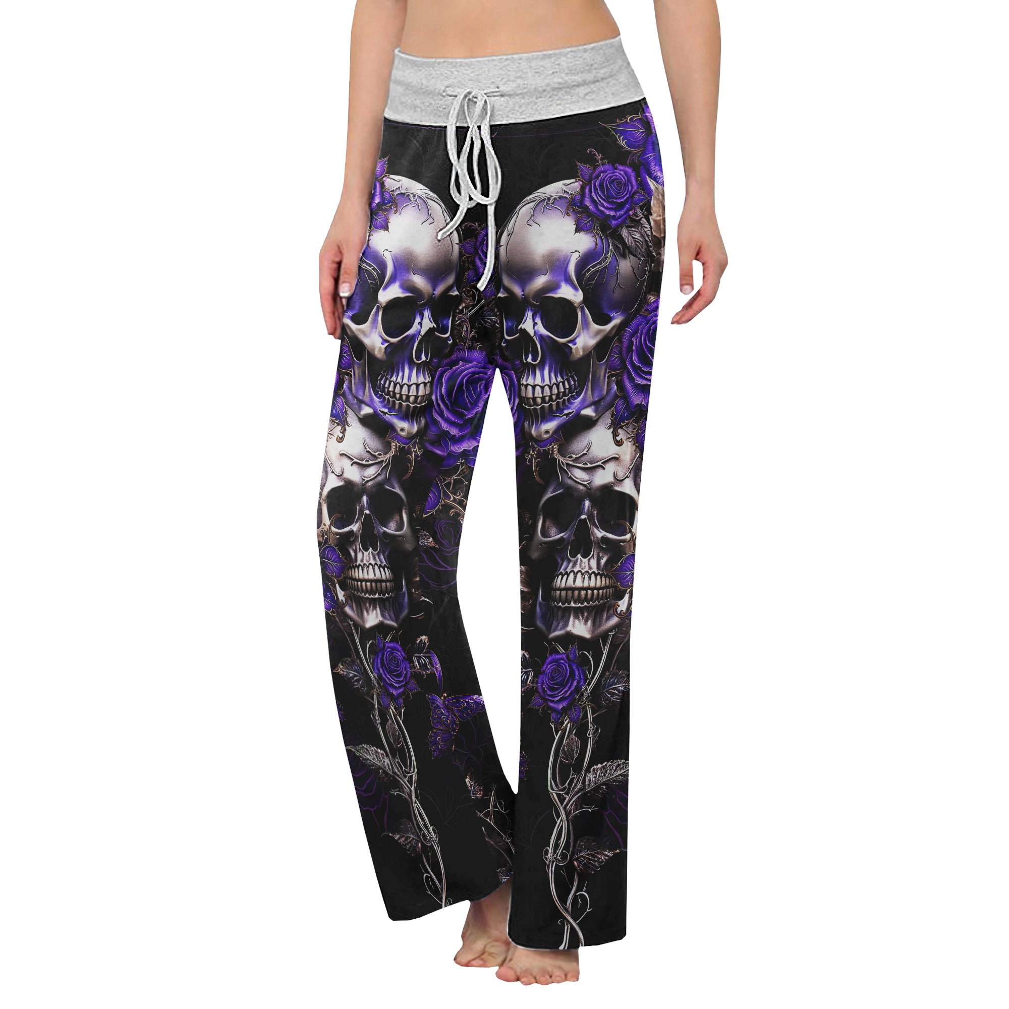 Violet Skull Flower Gothic Women's High-waisted Wide Leg Pants | Wonder Skull