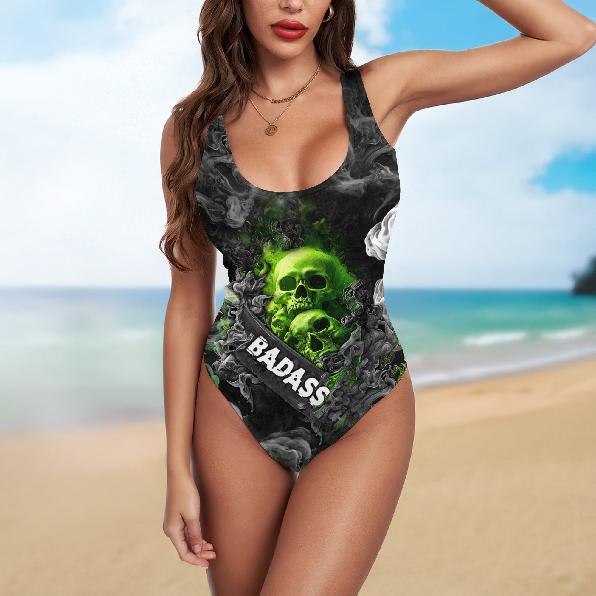 One Piece Bikini Green Smoke Skull Print Swimwear