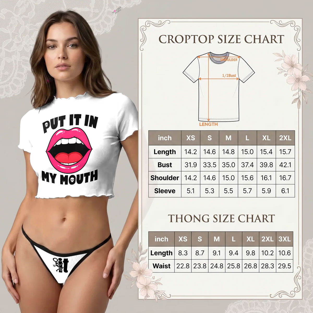 Wonder Skull  sheer mesh crop top and thong set delivers the perfect balance of comfortable and confident. Ultra-lightweight mesh fabric breathes freely against your skin while stretching gently to hug your natural curves without any restrictive squeezing. Playful lettuce edge trim at the neckline, sleeves, and hem adds cute feminine detail with soft ruffled texture. The flattering cropped length hits perfectly above your waist, creating an elongated silhouette that makes you feel amazing. Whether you're we