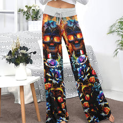 Fire Skull Floral Art Women's High-waisted Wide Leg Pants | Wonder Skull