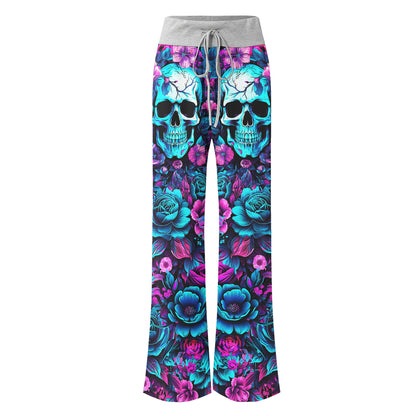Pink Cyan Skull Floral Women's High-waisted Wide Leg Pants | Wonder Skull