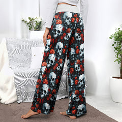 Skull Rose Gothic Women's High-waisted Wide Leg Pants | Wonder Skull