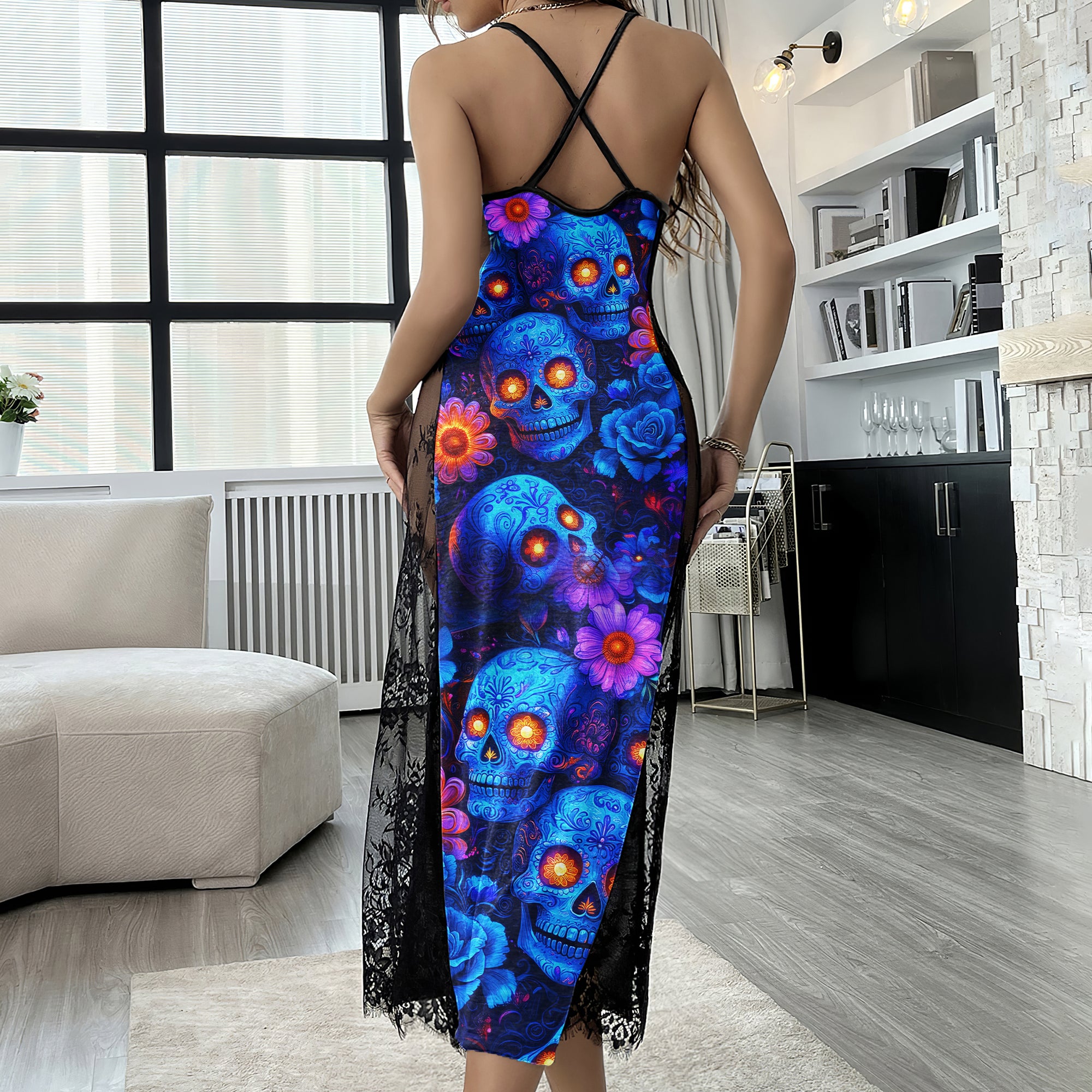 Blue Neon Skull Pattern Women's Lace Cami Sleepwear