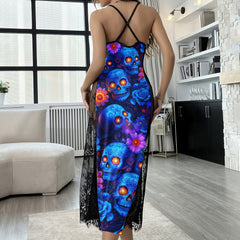 Blue Neon Skull Pattern Women's Lace Cami Sleepwear