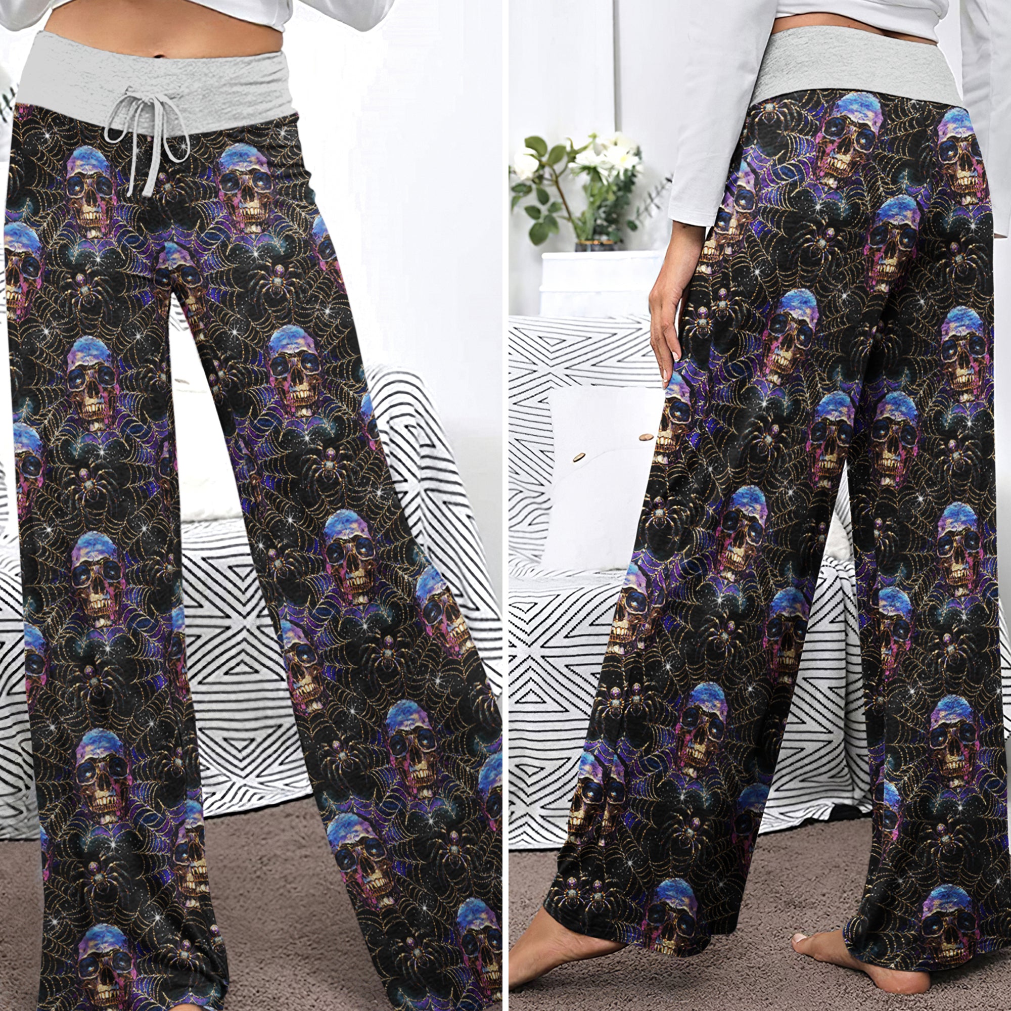 Galaxy Black Skull Pattern Women's High-waisted Wide Leg Pants | Wonder Skull