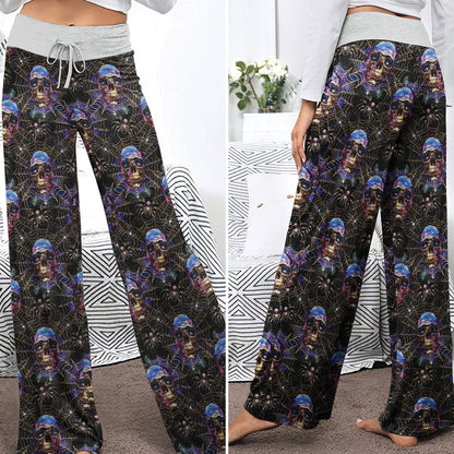 Galaxy Black Skull Pattern Women's High-waisted Wide Leg Pants | Wonder Skull