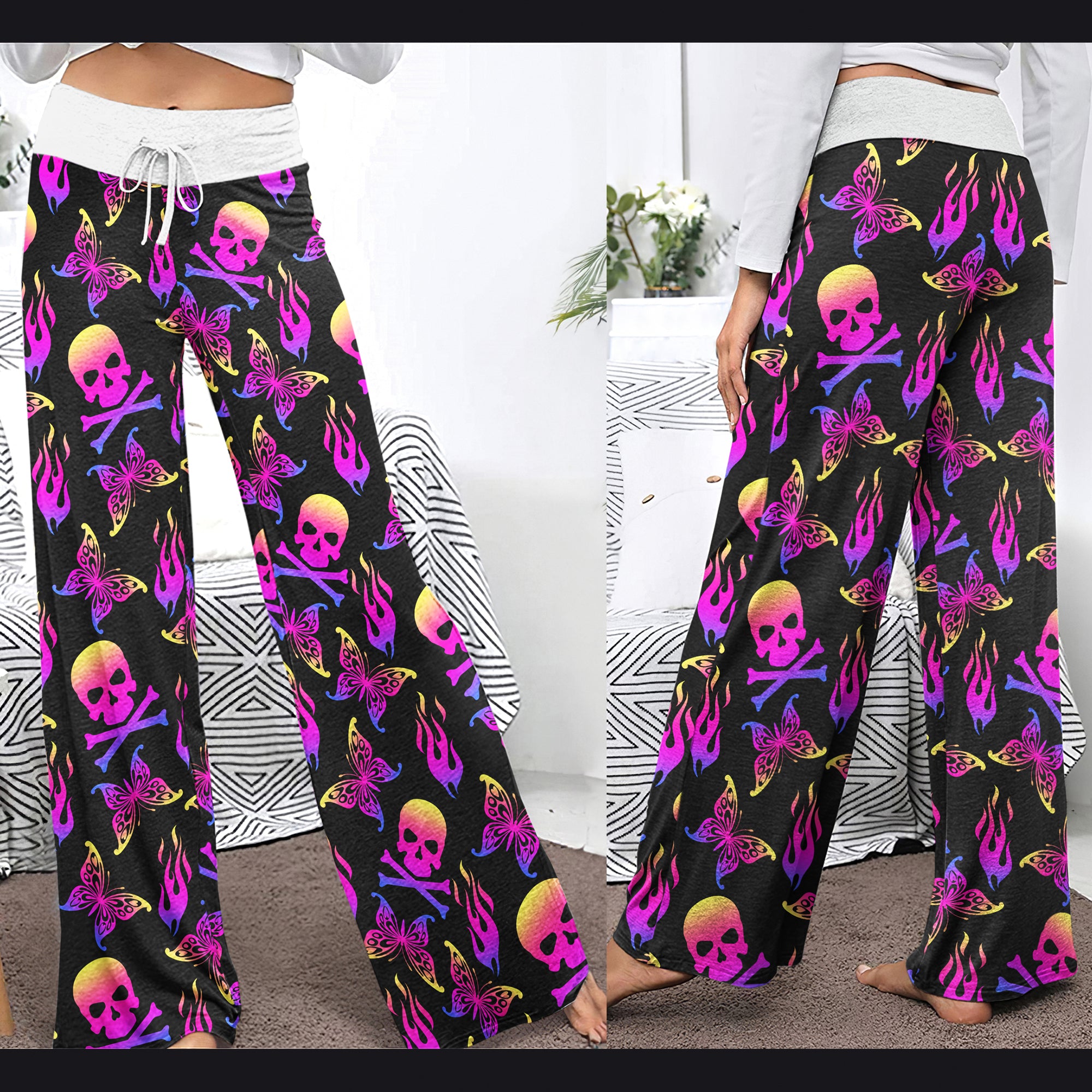 Purple Skull Butterfly Women's High-waisted Wide Leg Pants | Wonder Skull