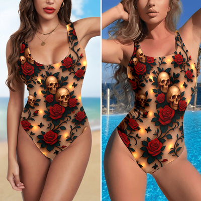 One Piece Bikini Nocturnal Bloom Skulls Print Swimwear