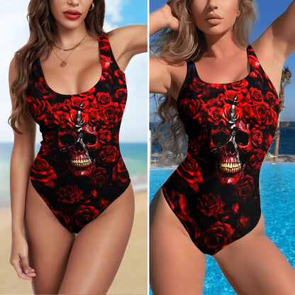 One Piece Bikini Blood Rose Skull Relic Print Swimwear