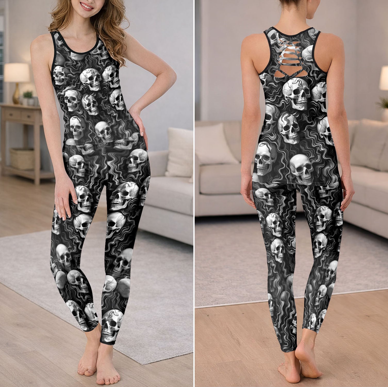 Phantom Wave Skulls Pattern Tanktop and Leggings