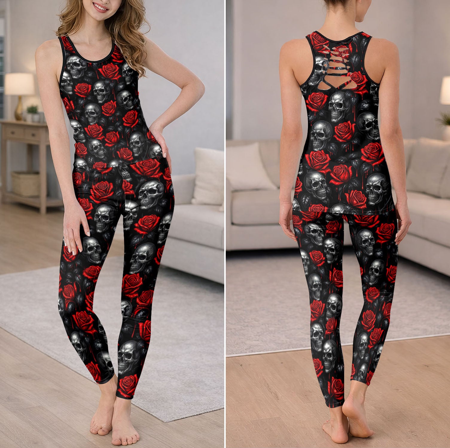Gothic Bloom Crimson Skull Tanktop and Leggings