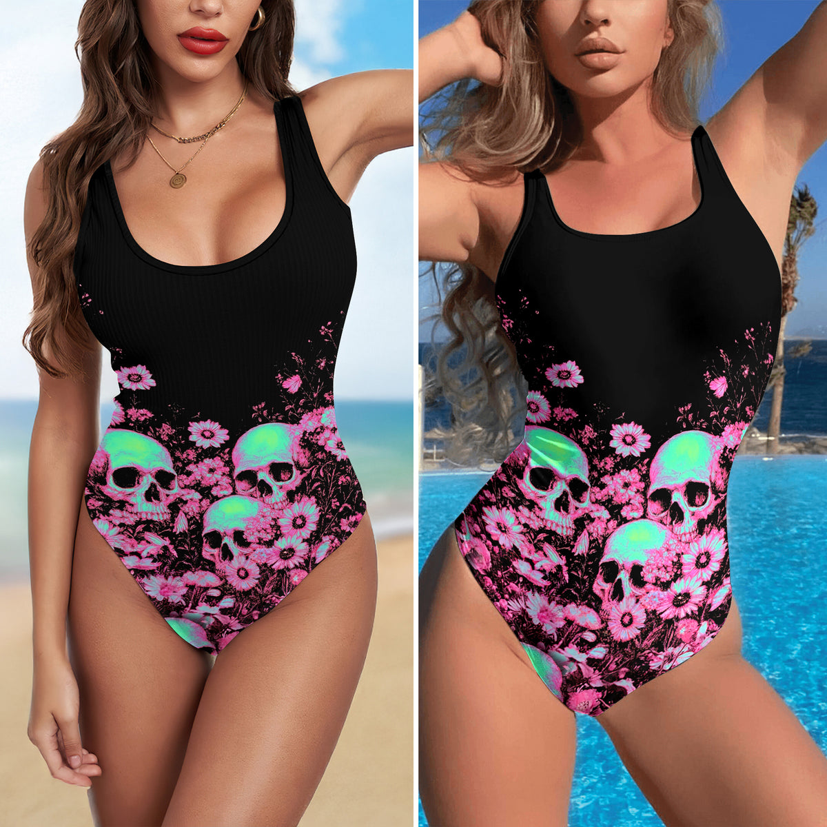 One Piece Bikini Neon Bloom Skull Departed Print Swimwear