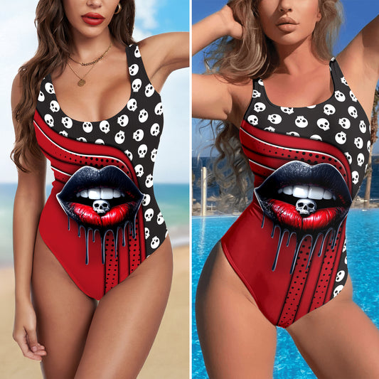 One Piece Bikini Black and Red Skull Lip Print Swimwear
