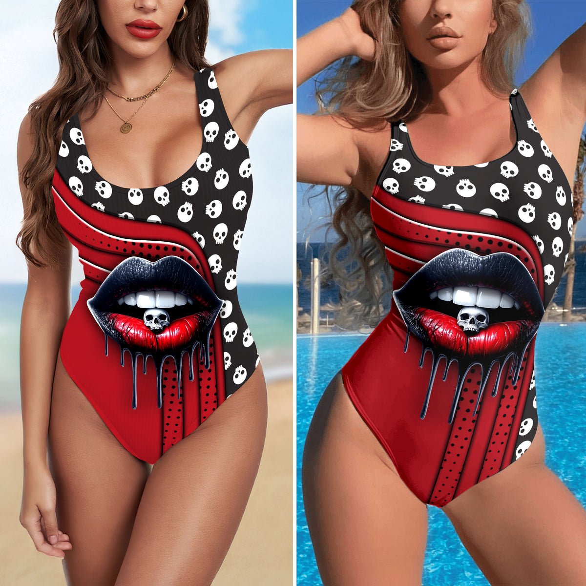 One Piece Bikini Black and Red Skull Lip Print Swimwear