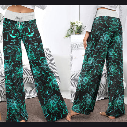 Cyan Floral Nightmare Theme Women's High-waisted Wide Leg Pants | Wonder Skull