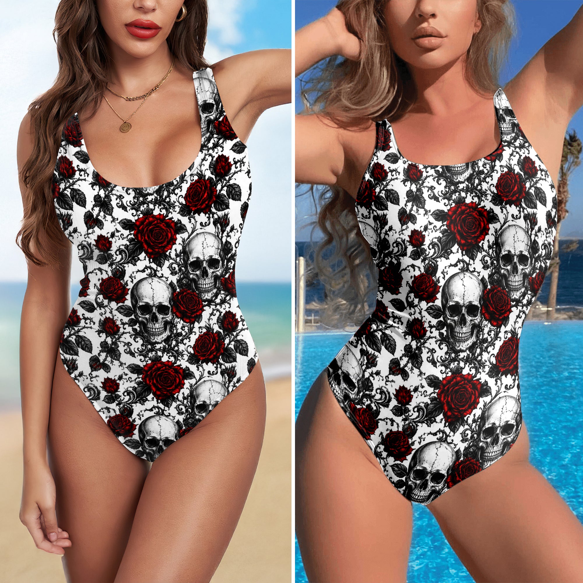 One Piece Bikini Gothic Skull Rose Seamless Print Swimwear
