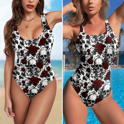 One Piece Bikini Gothic Skull Rose Seamless Print Swimwear