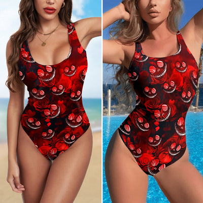 One Piece Bikini Red Smiling Chaos Pattern Print Swimwear