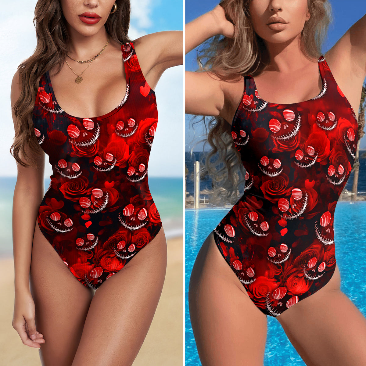 One Piece Bikini Red Smiling Chaos Pattern Print Swimwear
