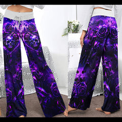 Purple Rose Skull Abstract Women's High-waisted Wide Leg Pants | Wonder Skull