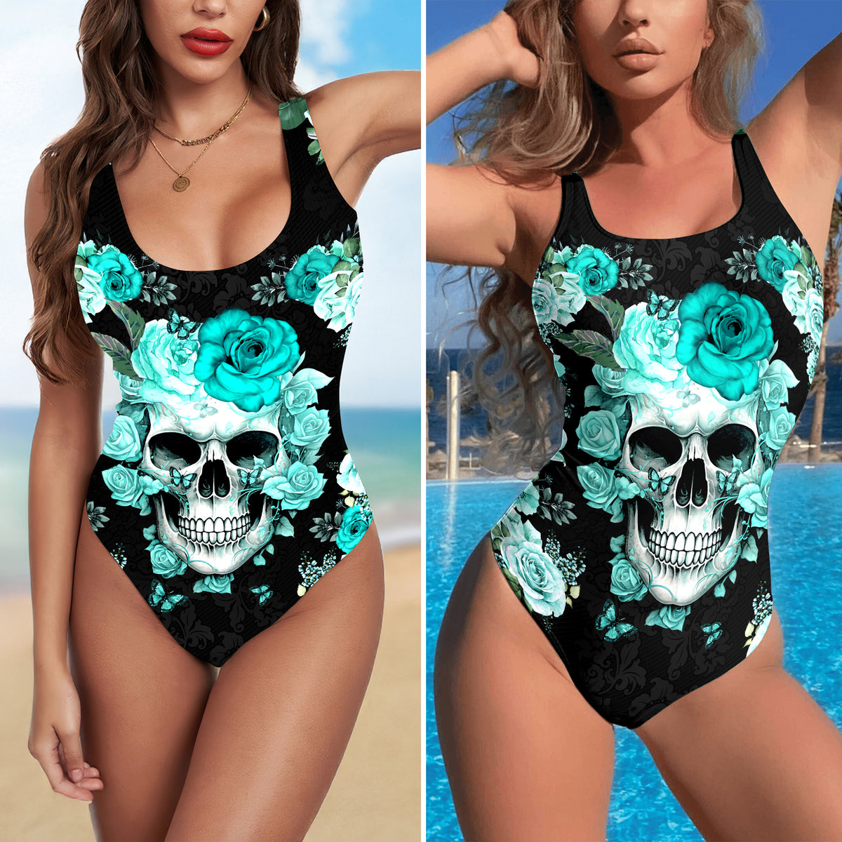 One Piece Bikini Frozen Bloom Skull Print Swimwear