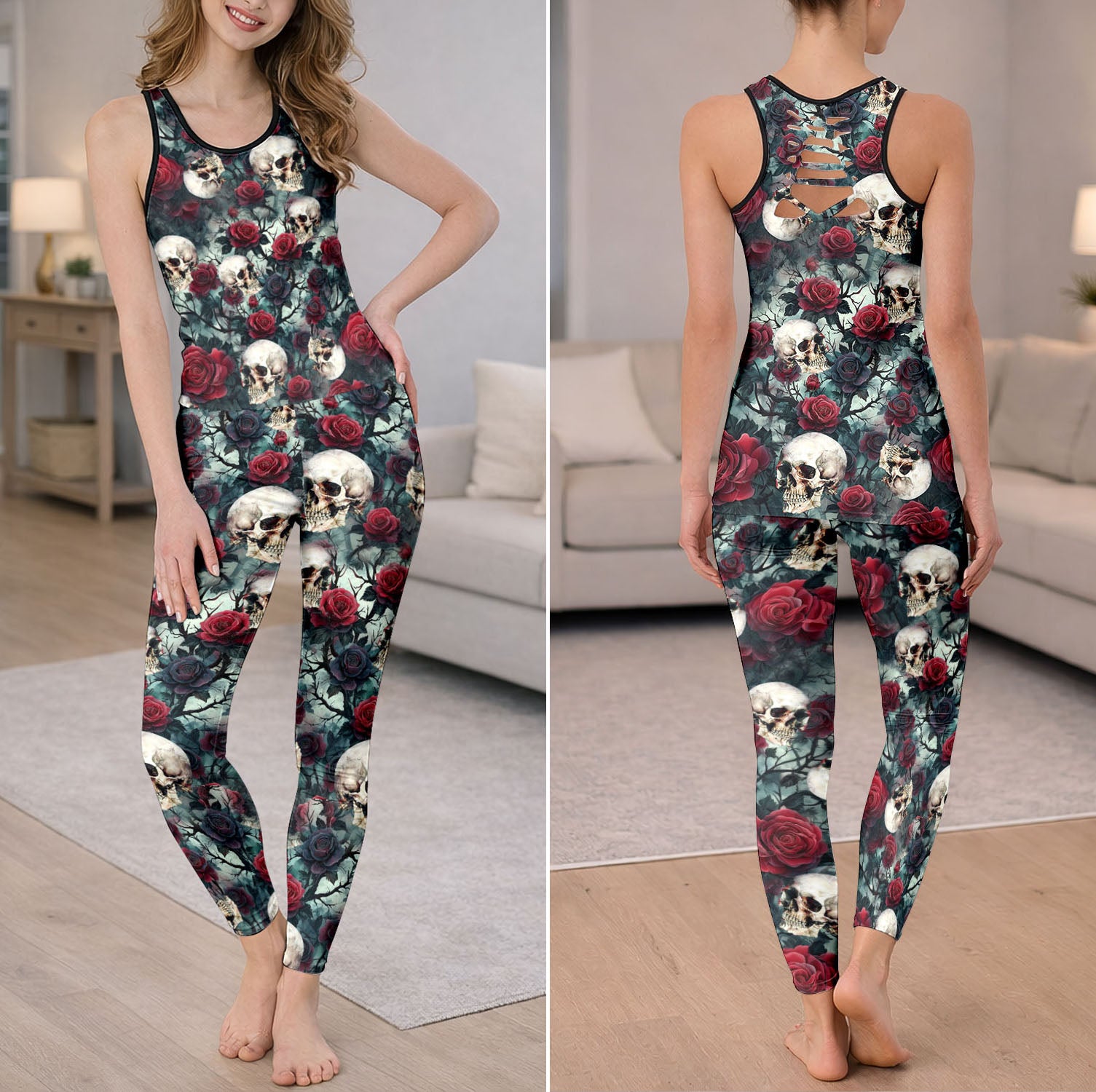Vintage Skull Rose Art Tanktop and Leggings