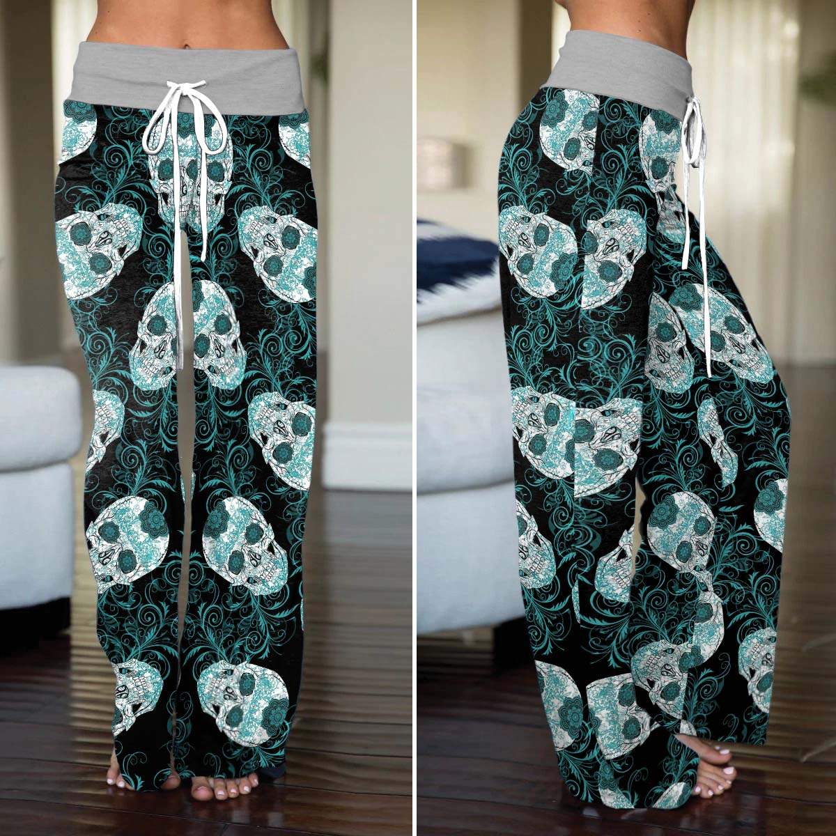 Gothic Teal Rose Skulls Women's High-waisted Wide Leg Pants