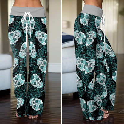Gothic Teal Rose Skulls Women's High-waisted Wide Leg Pants