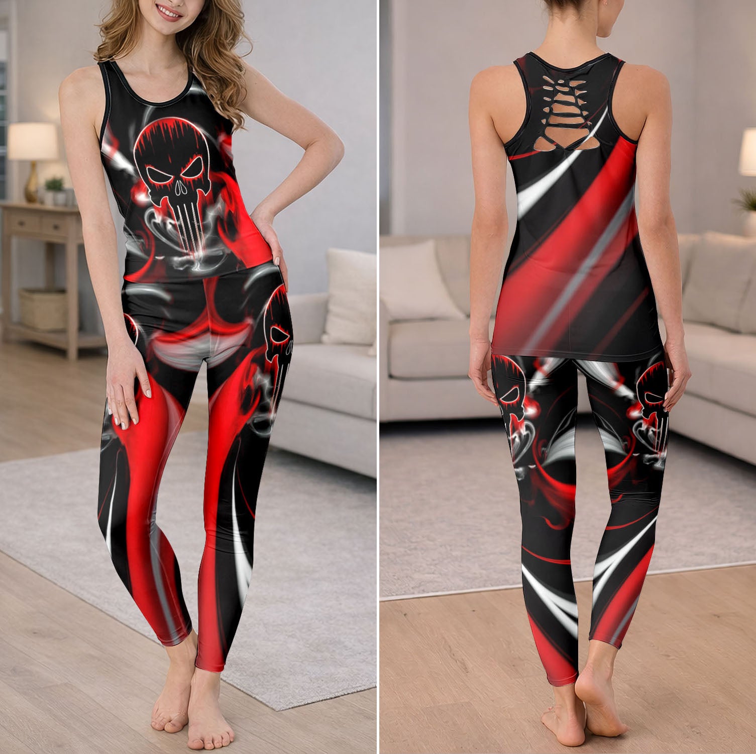 Crimson Smoke Skull Art Tanktop and Leggings